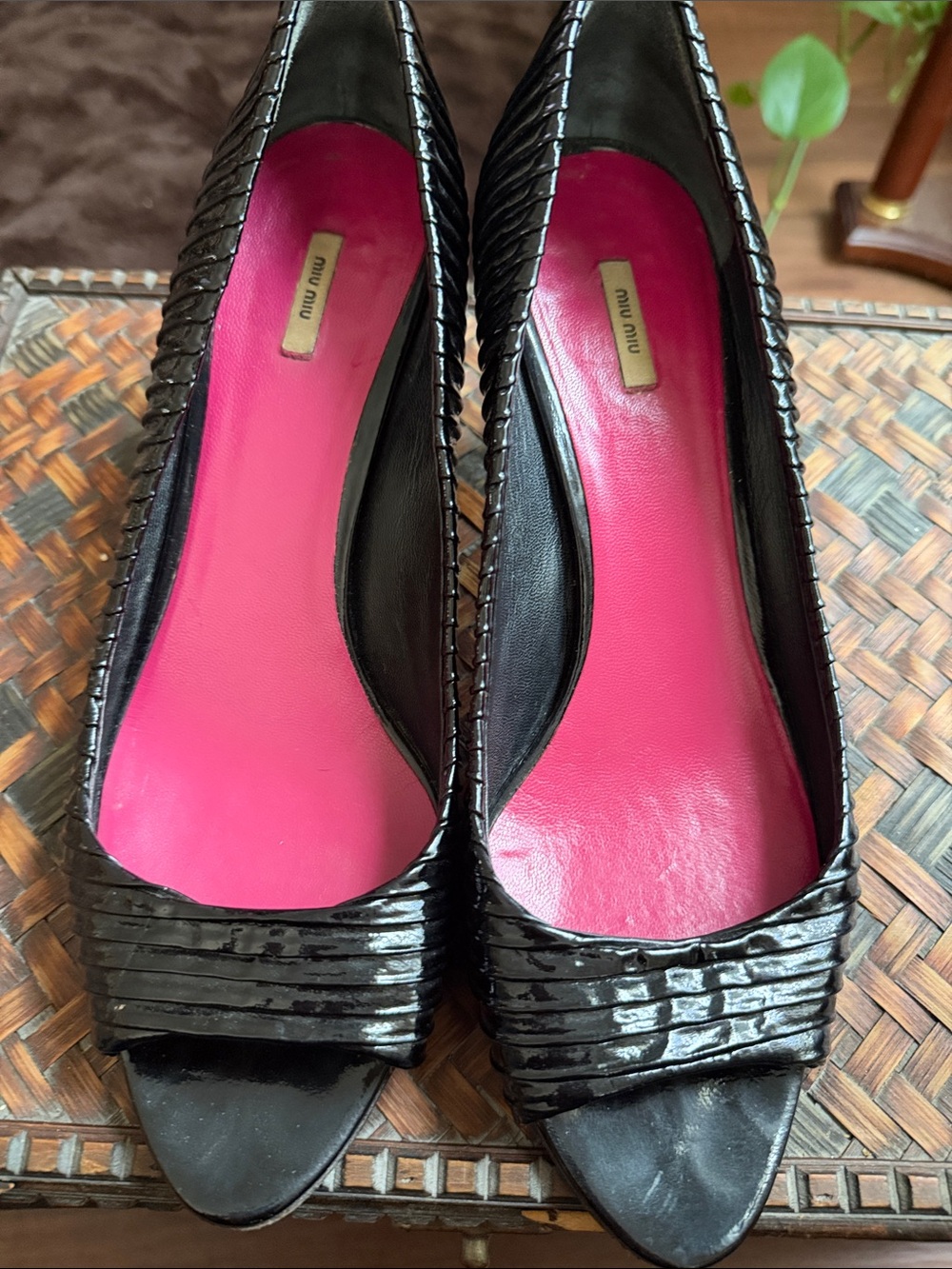 Miu Miu Black Patent Peep-Toe Heels with Hot Pink Insoles
